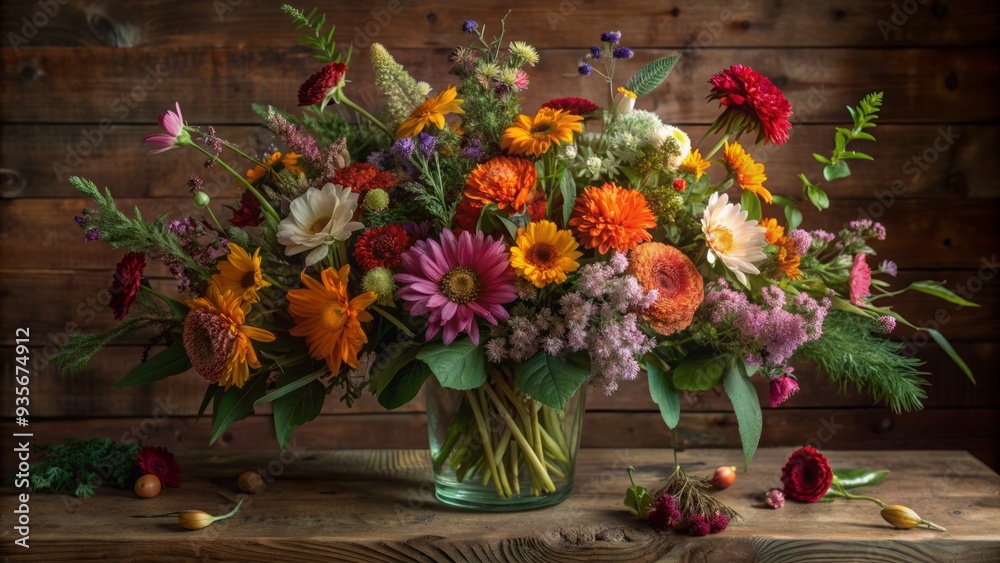 Vibrant, freshly picked flowers in full bloom overflow from a delicate vase, beautifully arranged on a rustic wooden table, adding warmth and elegance to any setting. Vibrant, freshly picked flowers in full bloom overflow from a delicate vase, beautifully arranged on a rustic wooden table, adding warmth and elegance to any setting.