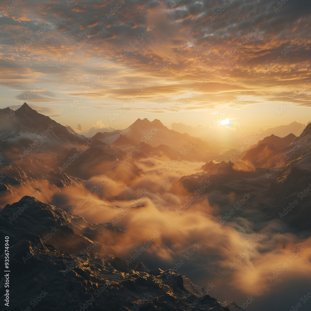 Obraz premium Generative AI illustration. A beautiful sunrise over the mountains