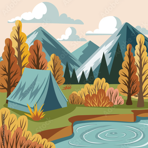 Camping on the lake shore in autumn forest. Landscape in autumn colors. Camping poster. Flat style. Vector illustration
