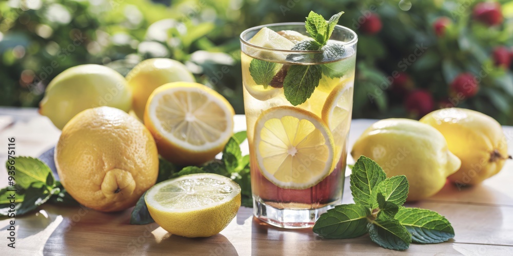 Refreshing summer drink: tall glass of ice-cold lemonade garnished with lemon slices and mint sprigs on table with fresh lemons in bright sunny setting. Refreshing summer drink: tall glass of ice-cold lemonade garnished with lemon slices and mint sprigs on table with fresh lemons in bright sunny setting.