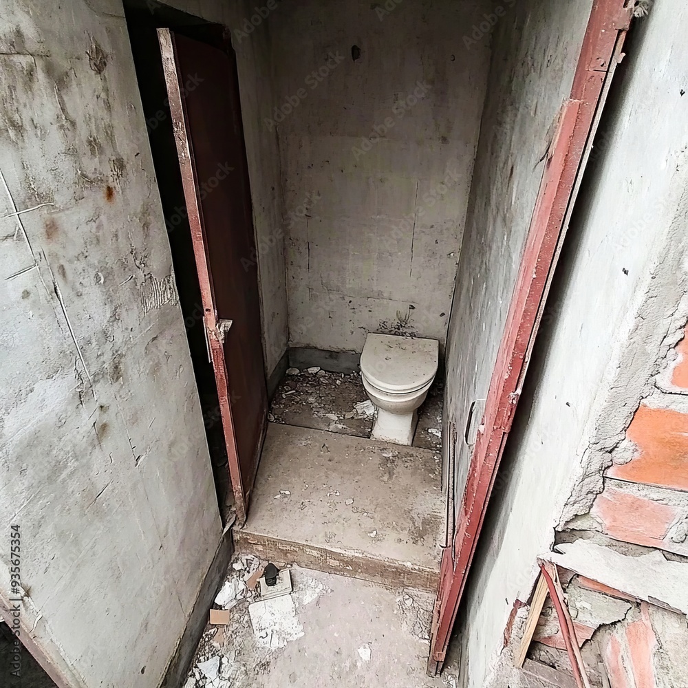 A bathroom with a toilet in the middle of a dirty room A bathroom with a toilet in the middle of a dirty room
