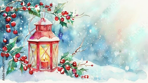 Cozy Cute Christmas Composition: Lantern, Mistletoe Branch and Snowfall in Watercolor Cartoon Style, Whimsical and Festive