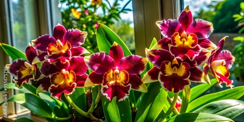 Vibrant catlay orchid blooms radiant white petals with yellow centers on a sunny windowsill, surrounded by lush green leaves, filling the space with natural beauty. photo