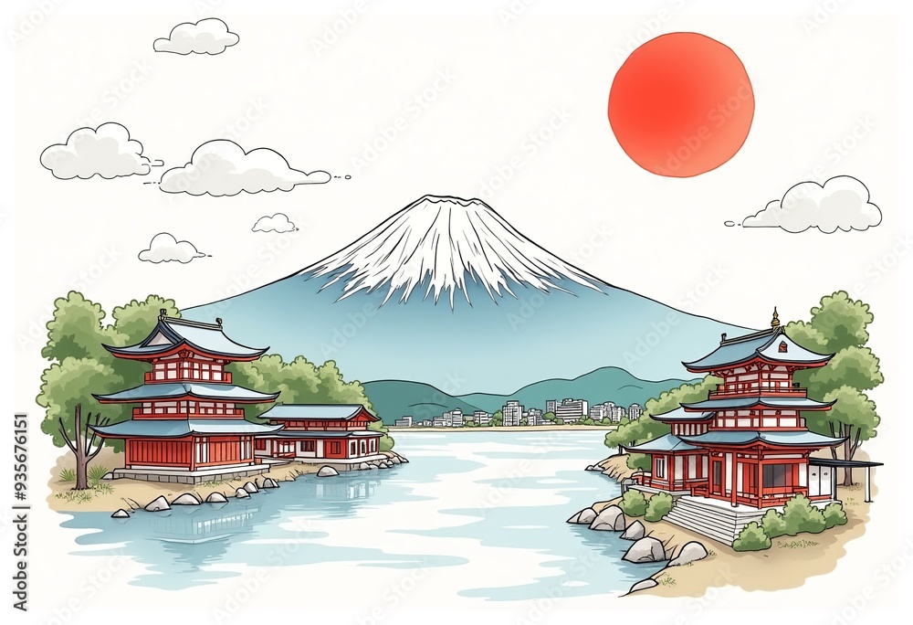 Obraz premium Hand-Drawn Japanese Illustration: Exploring East Asian Culture and Travel