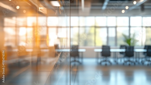 A modern office interior featuring glass walls and a spacious meeting area during daylight hours