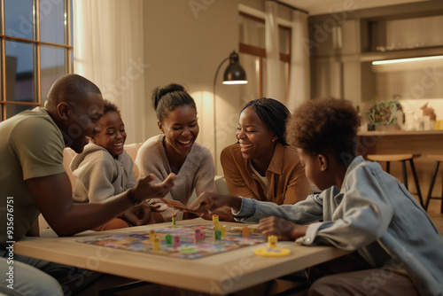 An engaging family game night in the living room. The family is gathered around a coffee table, playing board games. They are laughing, cheering, and enjoying each other's company. cozy room