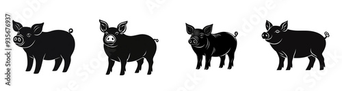 A collection of black pig silhouettes isolated on a transparent background, ideal for Chinese New Year designs and agricultural themes photo