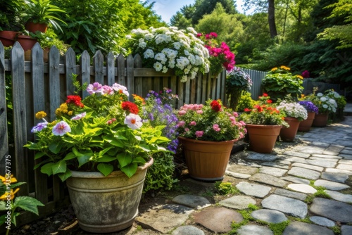 Vibrant colorful flower pots overflowing with blooming flowers and lush greenery against a warm sunny garden background with rustic stone pathway and wooden fence.