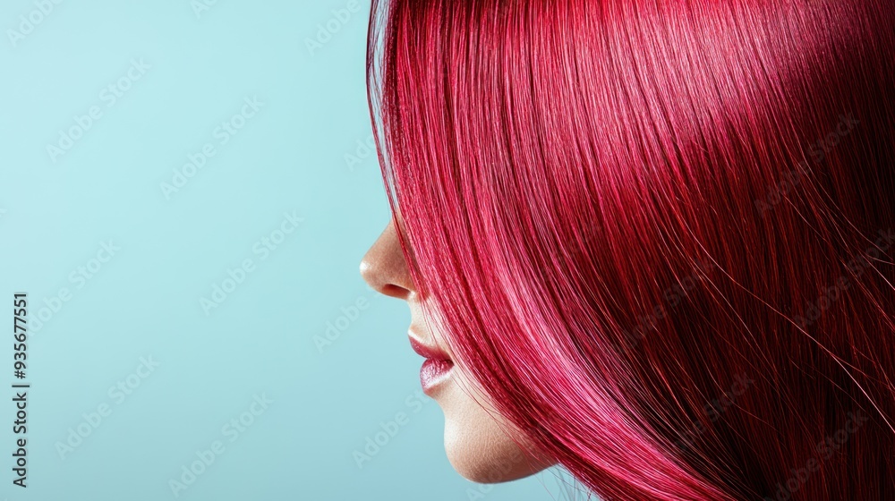 Close up side view of woman with red hair against a light blue background. Close up side view of woman with red hair against a light blue background.