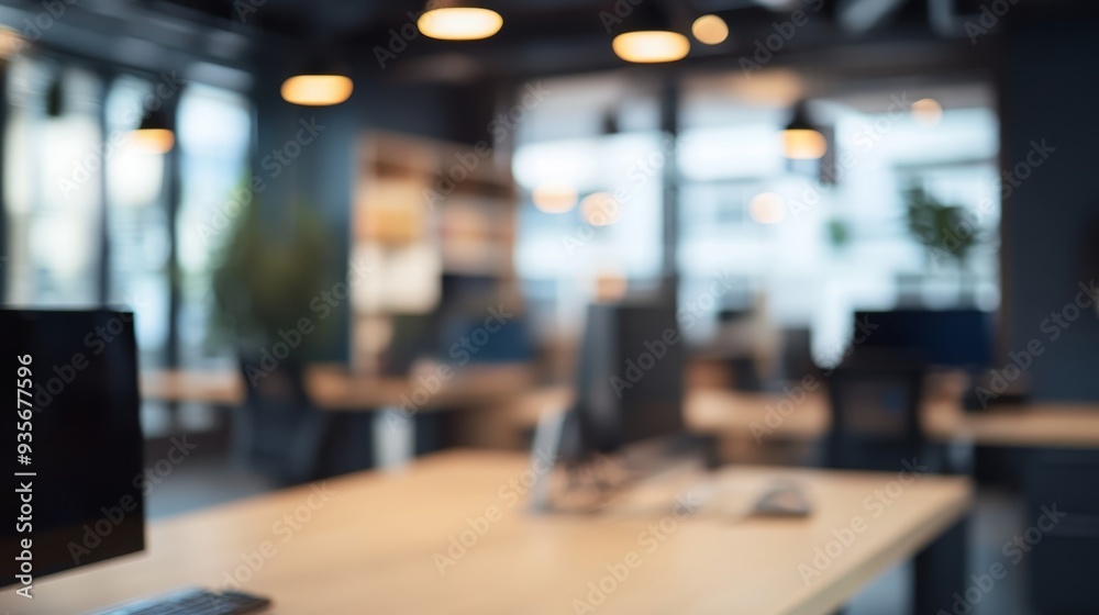Modern corporate workspace with blurred background showcasing desks and computers during daylight