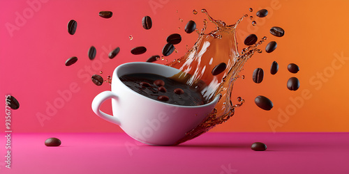 Coffee beans and coffee on pink, coffee beans, pink background, cup of coffee, coffee on pink, coffee setup, stylish coffee