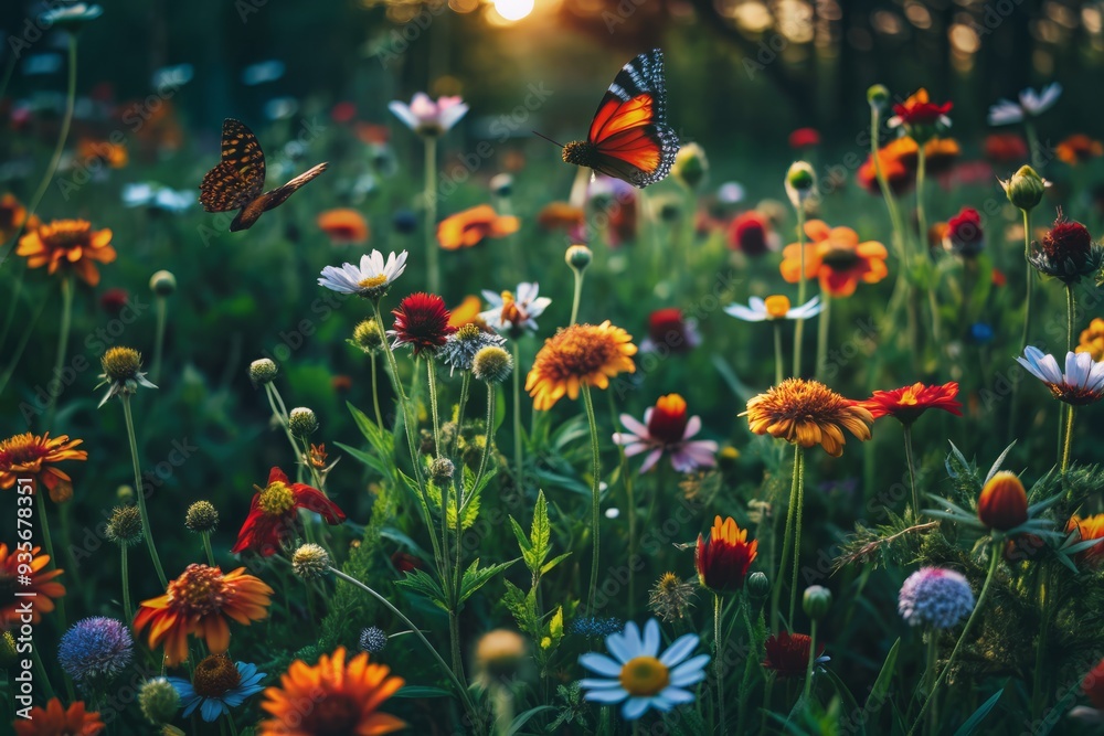Vibrant wildflowers sway gently in the soft morning light, surrounded by fluttering butterflies, in a serene and idyllic meadow landscape at dawn. Vibrant wildflowers sway gently in the soft morning light, surrounded by fluttering butterflies, in a serene and idyllic meadow landscape at dawn.