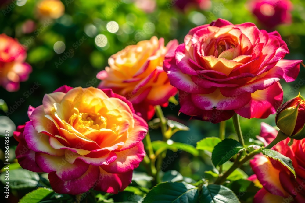 Vibrant pink and yellow roses bloom in a lush garden, basking in warm sunlight with delicate petals and soft bokeh, exuding elegance and serenity. Vibrant pink and yellow roses bloom in a lush garden, basking in warm sunlight with delicate petals and soft bokeh, exuding elegance and serenity.