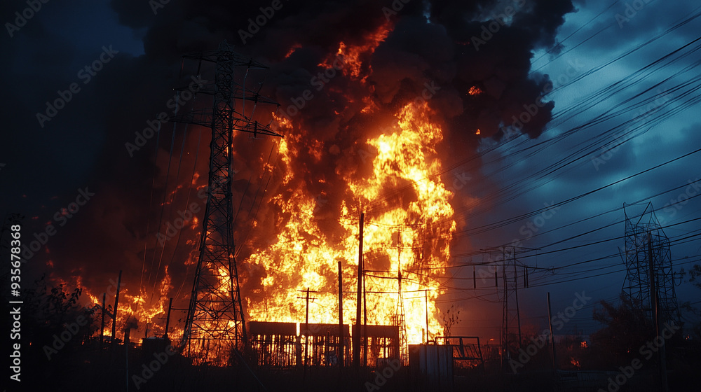 massive fire on electrical power station at night, explosion on electrical power station, critical infrastructure massive fire on electrical power station at night, explosion on electrical power station, critical infrastructure