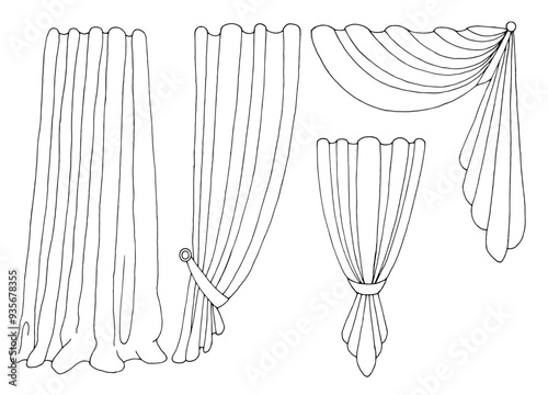 Curtain set graphic black white isolated illustration vector 