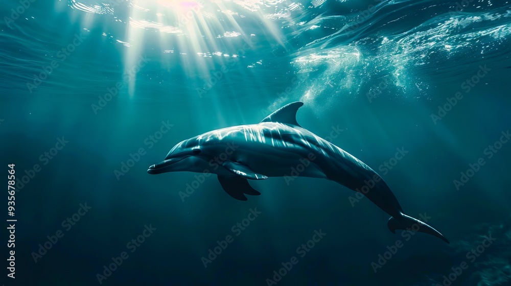 A dolphin swimming in the ocean with the sun shining through the water A dolphin swimming in the ocean with the sun shining through the water
