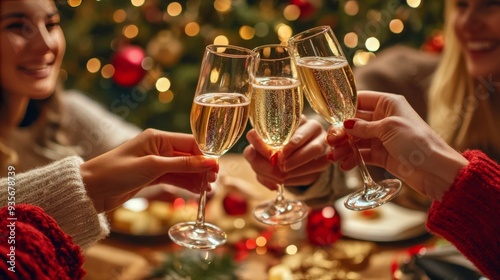 Joyful family celebrates Christmas Eve with champagne.