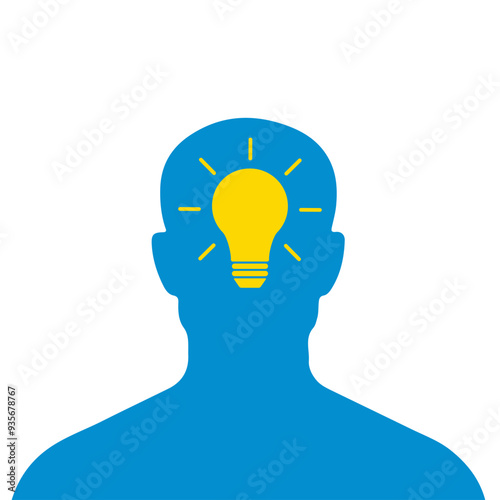 Idea concept with human head. Light bulb in a human head, concept of brainstorm or thinking emblem and unique idea. The concept of the emergence of the idea. Shining lamp inside the head.
