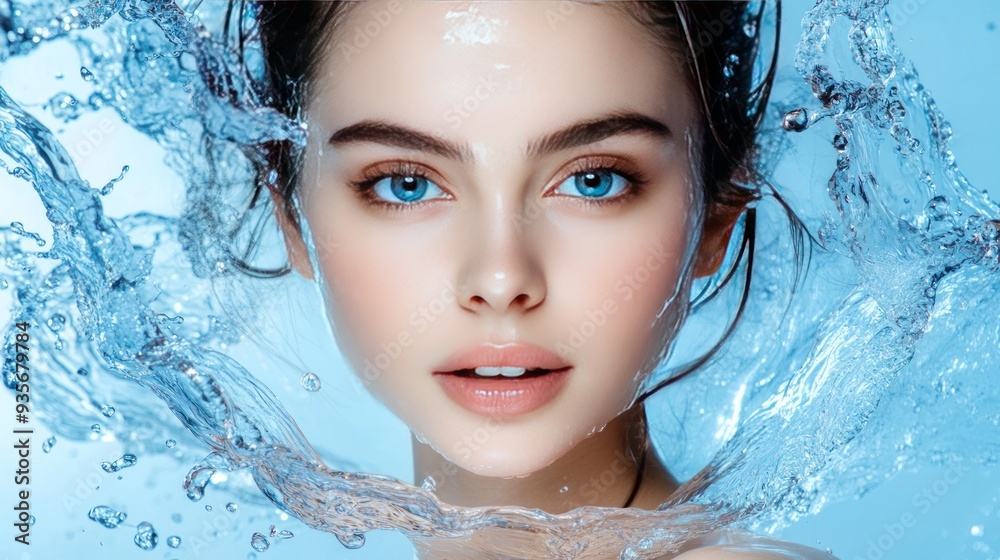 Close up of beautiful young woman's face with water splashing around her.