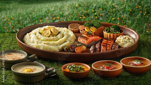 A Traditional Ethiopian Injera Platter with Assorted Dishes photo