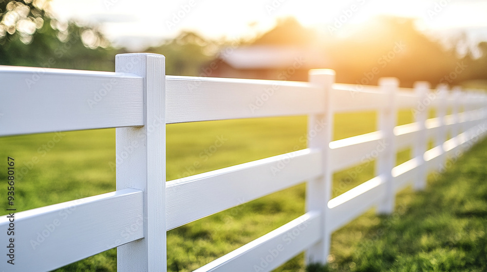 white fence bathed in golden sunlight, symbolizing peace, simplicity, and a serene countryside setting white fence bathed in golden sunlight, symbolizing peace, simplicity, and a serene countryside setting