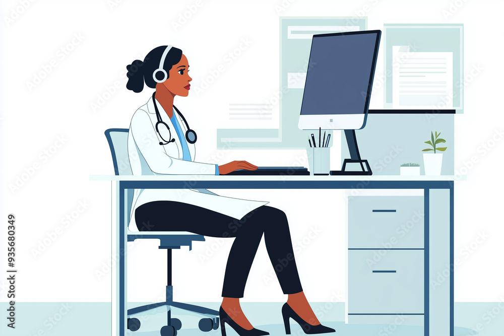 Vector graphics illustration of a female doctor sitting on a desk in front of a computer looking at me, wearing headphones, business style illustration for a webpage, no background Vector graphics illustration of a female doctor sitting on a desk in front of a computer looking at me, wearing headphones, business style illustration for a webpage, no background