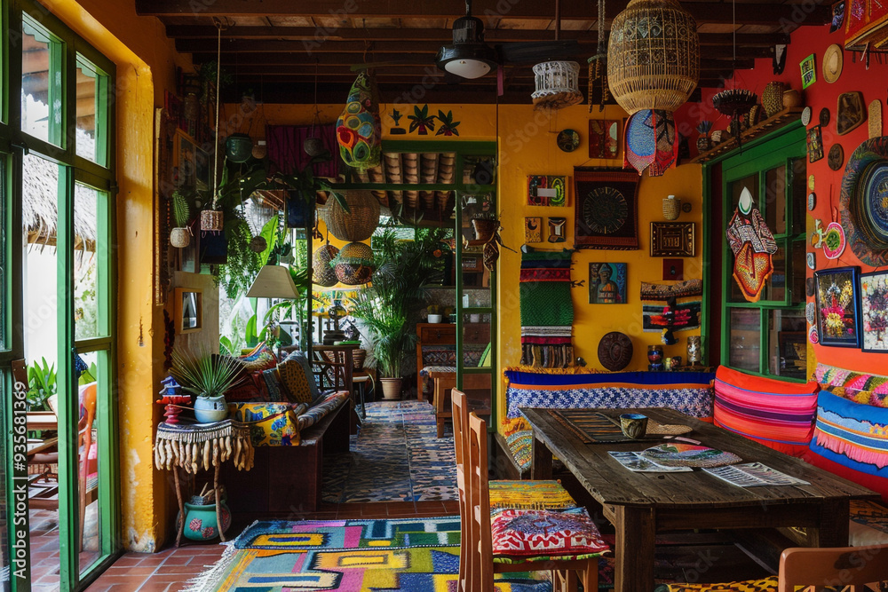 Fototapeta premium Colorful Brazilian Favela decor featuring recycled materials, vibrant hues, and unique artisan creations, depicted in a rich 3D model.