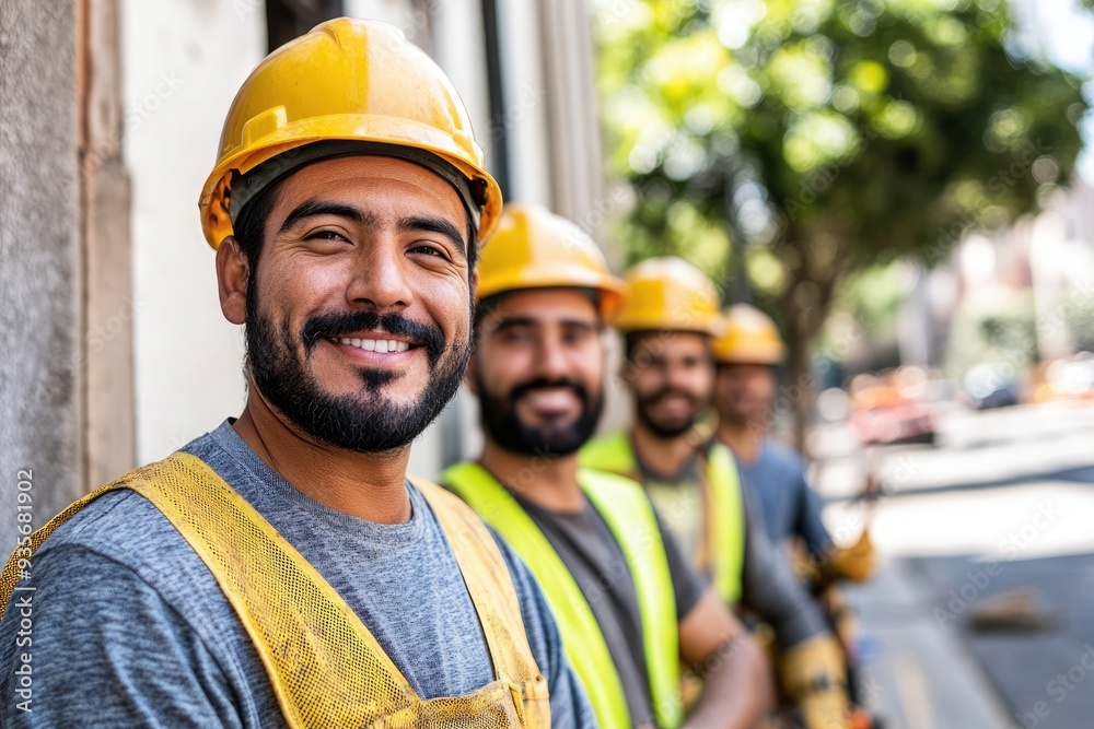 A joyful team of construction workers in yellow helmets and safety vests smiles confidently as they take a break on a vibrant urban street under the midday sun