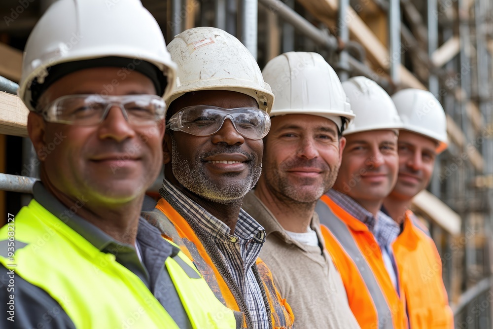 Dedicated construction workers proudly displaying teamwork and skill at a bustling construction site in the city during a sunny afternoon