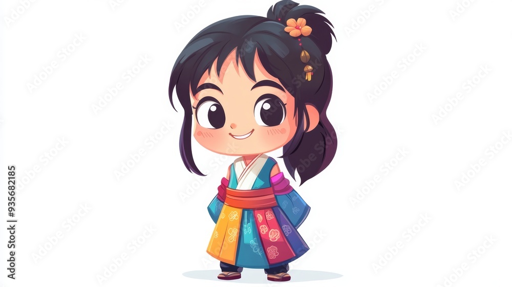 Illustrate a charming chibi-style character with a friendly smile and colorful outfit, set against a pure white backdrop, great for appealing images