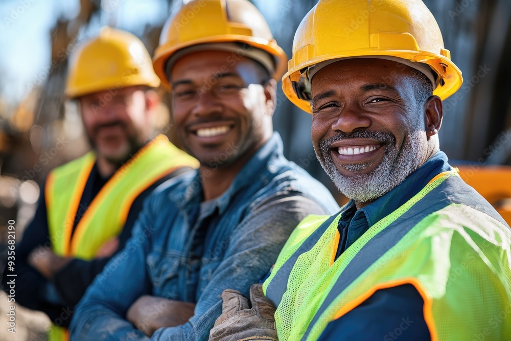 Three skilled construction workers pose confidently at a job site, showcasing teamwork and dedication on a sunny day Three skilled construction workers pose confidently at a job site, showcasing teamwork and dedication on a sunny day