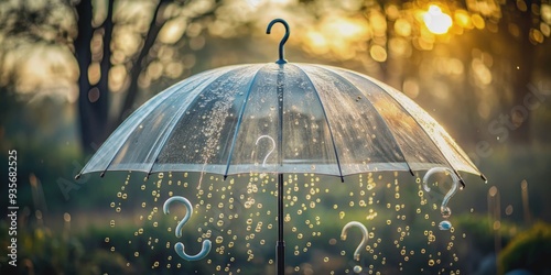 Ethereal transparent umbrella filled with question mark-shaped raindrops suspends in mid-air, symbolizing the enigmatic and ambiguous nature of mental health struggles and uncertain thoughts. photo