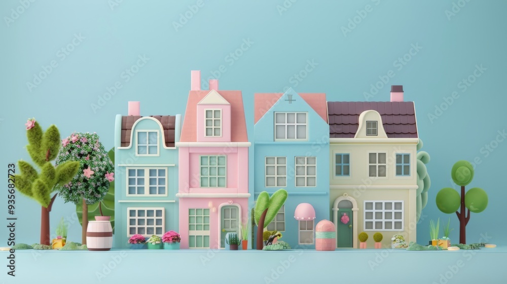 Pastel-Colored Miniature Houses in a Toy Town Setting. Pastel-Colored Miniature Houses in a Toy Town Setting.