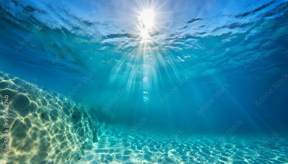 Fototapeta premium Radiant Sunlight Filtering Through Clear Ocean Water Above a Peaceful Seabed