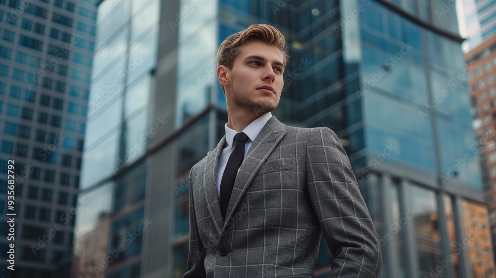 A man in a classic suit and tie, standing against the background of the business center of the city, symbolizes business style A man in a classic suit and tie, standing against the background of the business center of the city, symbolizes business style