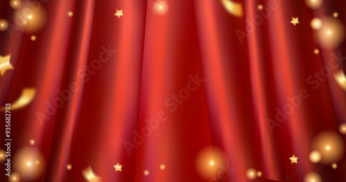 Realistic Red curtain drapery background horizontal banner with frame with lights, sparkles, glitter and stars of gold color, magic 3D Backdrop. Vector illustration silk, satin, drapery fabric