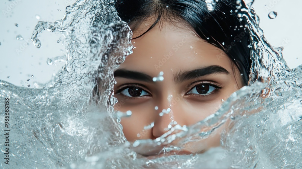 A woman's face emerges from water with a splash, her dark eyes looking out. A woman's face emerges from water with a splash, her dark eyes looking out.