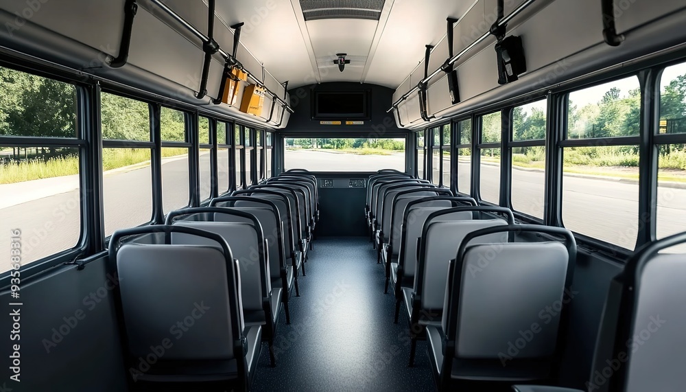 A photograph of the interior space inside an empty modern minibus with blue seats A photograph of the interior space inside an empty modern minibus with blue seats