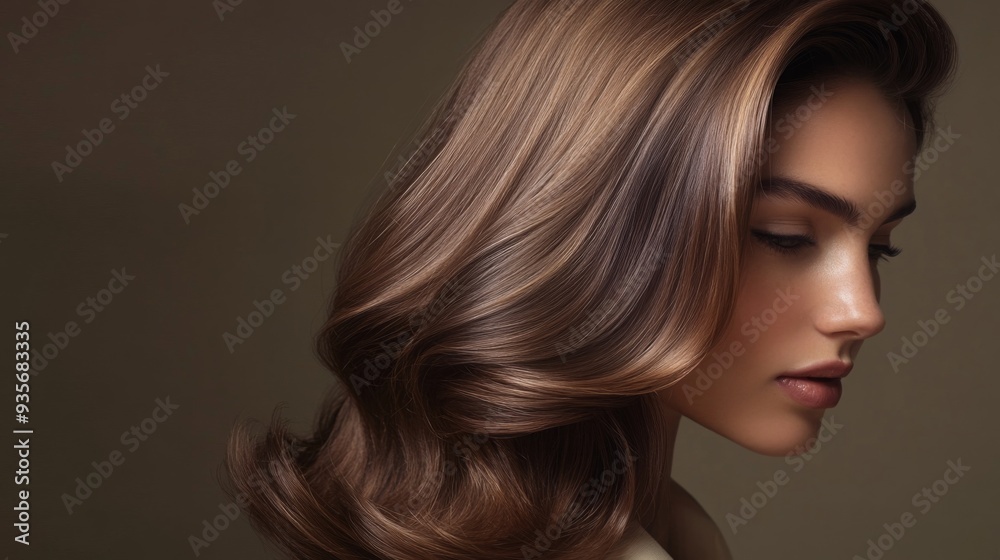 A young woman shows off her long, lustrous hair, elegantly styled and cascading down one side of her face. A young woman shows off her long, lustrous hair, elegantly styled and cascading down one side of her face.