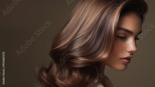 A young woman shows off her long, lustrous hair, elegantly styled and cascading down one side of her face.