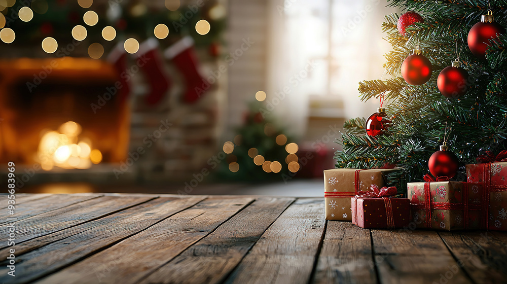 Christmas tree with red ornaments on a wooden table, with a blurred background of a cozy room decorated for Christmas with a fireplace and gift boxes, banner space. Xmas theme for a product display Christmas tree with red ornaments on a wooden table, with a blurred background of a cozy room decorated for Christmas with a fireplace and gift boxes, banner space. Xmas theme for a product display
