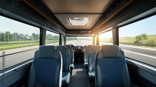 A photograph of the interior space inside an empty modern minibus with blue seats 