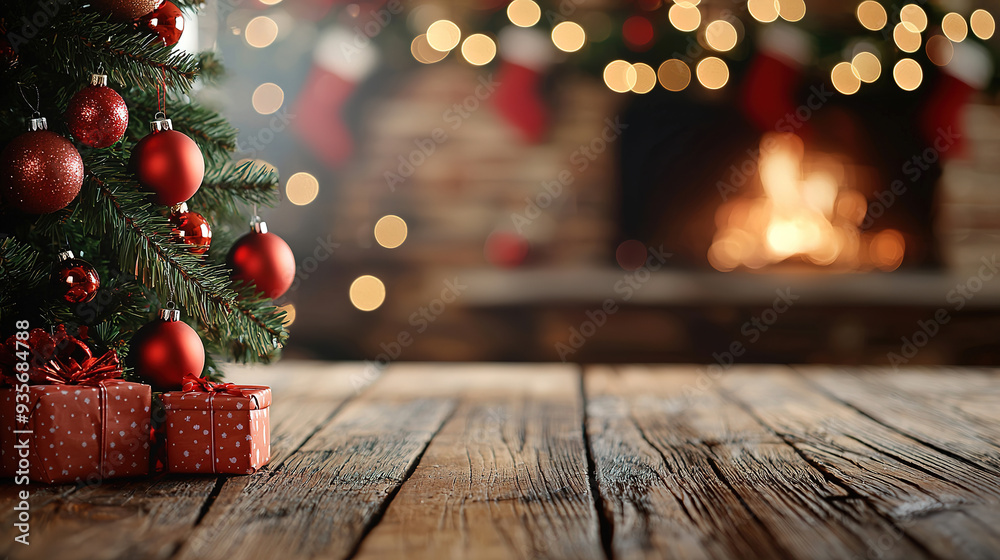 Christmas tree with red ornaments on a wooden table, with a blurred background of a cozy room decorated for Christmas with a fireplace and gift boxes, banner space. Xmas theme for a product display Christmas tree with red ornaments on a wooden table, with a blurred background of a cozy room decorated for Christmas with a fireplace and gift boxes, banner space. Xmas theme for a product display