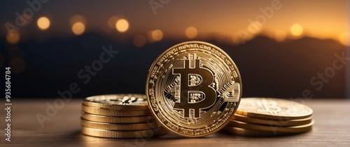 Golden Bitcoin Cryptocurrency on Wooden Surface with Blurred Lights