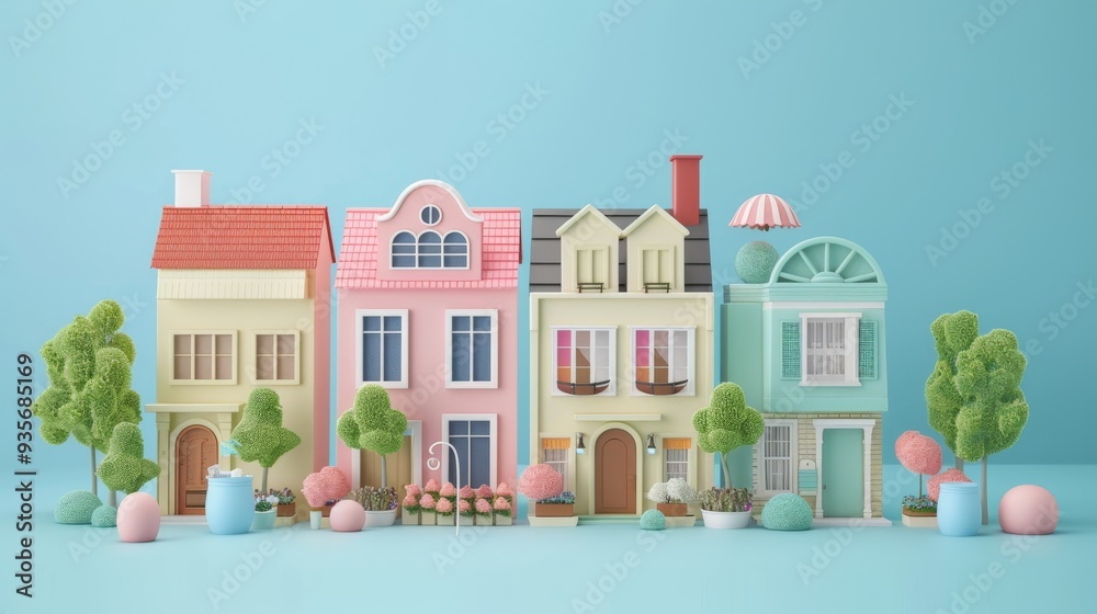 Colorful 3D Model Houses and Trees. Colorful 3D Model Houses and Trees.