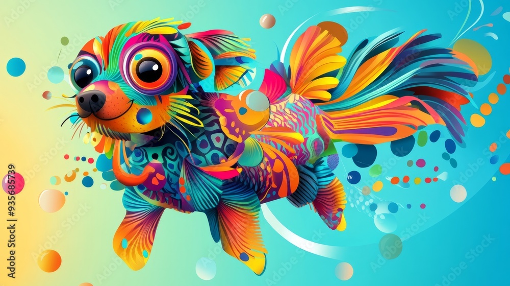 Playful cartoon animal hybrid combining a dog and fish, with vibrant colors and exaggerated expressions, designed for a whimsical aesthetic Playful cartoon animal hybrid combining a dog and fish, with vibrant colors and exaggerated expressions, designed for a whimsical aesthetic