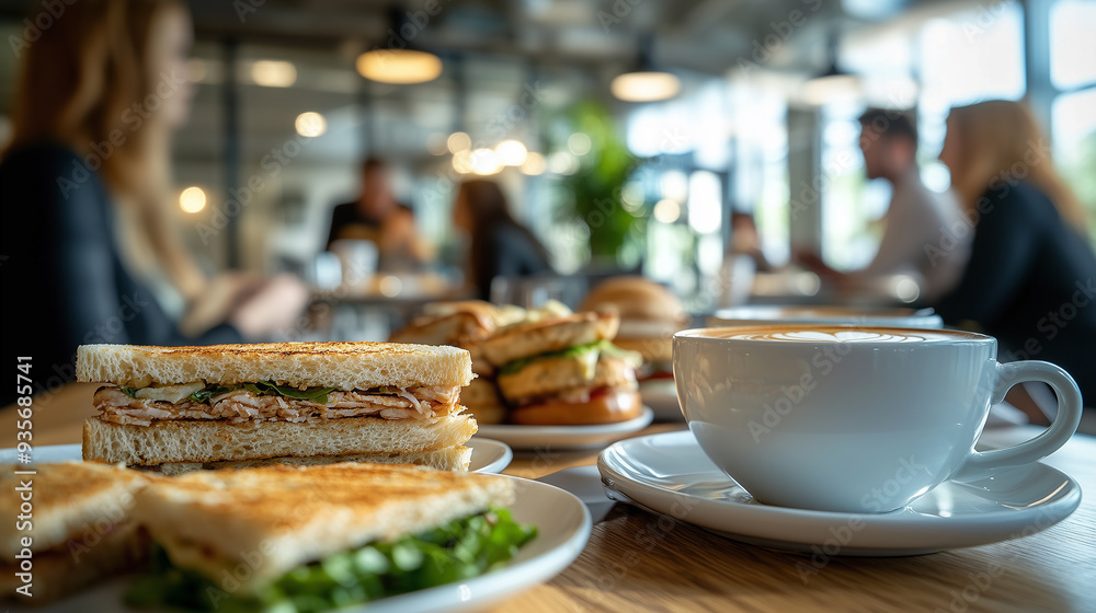 © zphoto83 - Enjoying a casual lunch with sandwiches and coffee in a bustling café filled with friends and conversations in the afternoon light © zphoto83 - Enjoying a casual lunch with sandwiches and coffee in a bustling café filled with friends and conversations in the afternoon light