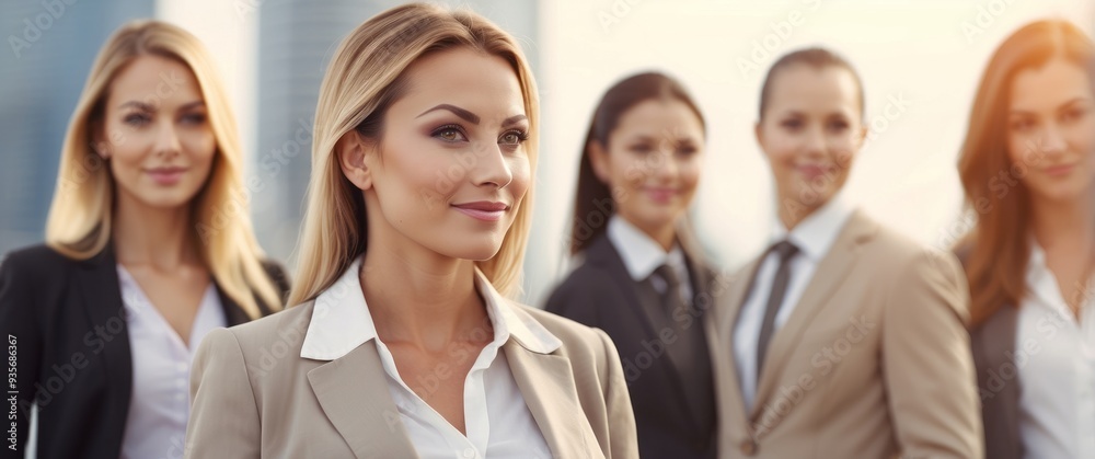 Portrait of a Confident Woman in a Beige Suit, Surrounded by Other Women in Business Attire