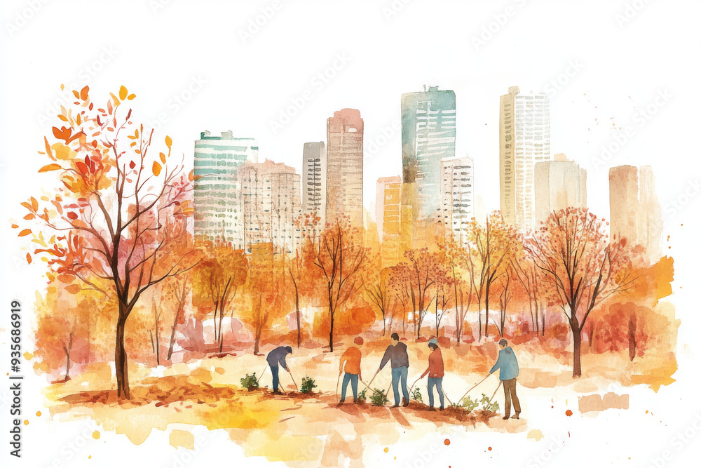 Obraz premium A watercolor illustration of volunteers planting trees in an urban park, with a city skyline in the background, symbolizing environmental conservation and community involvement. 