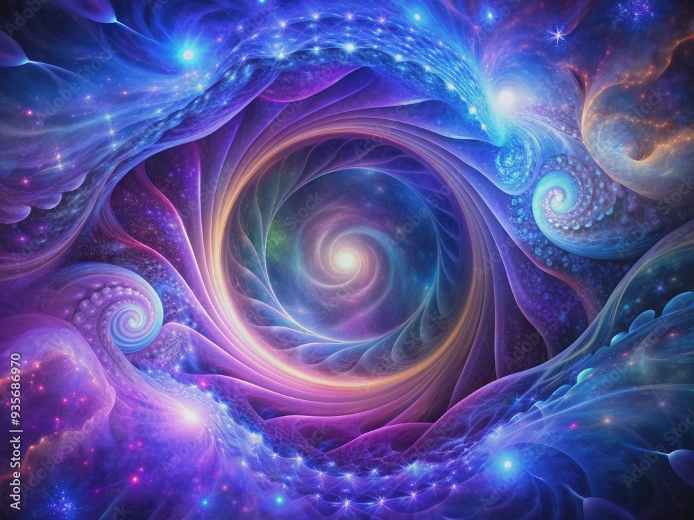 Vibrant, swirling patterns of purple and blue energies spiral outward, emanating from a central vortex, evoking a surreal, otherworldly atmosphere of mystic exploration. Vibrant, swirling patterns of purple and blue energies spiral outward, emanating from a central vortex, evoking a surreal, otherworldly atmosphere of mystic exploration.